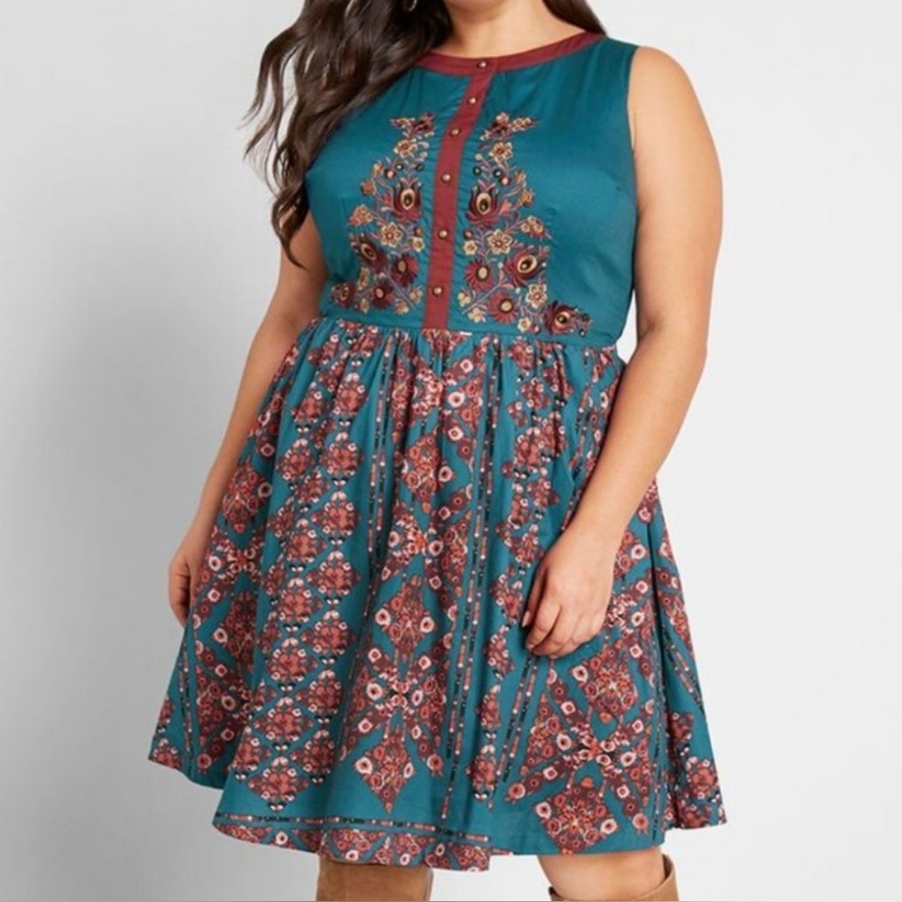 Modcloth Teal and Red Floral Dress - Picture 5 of 9